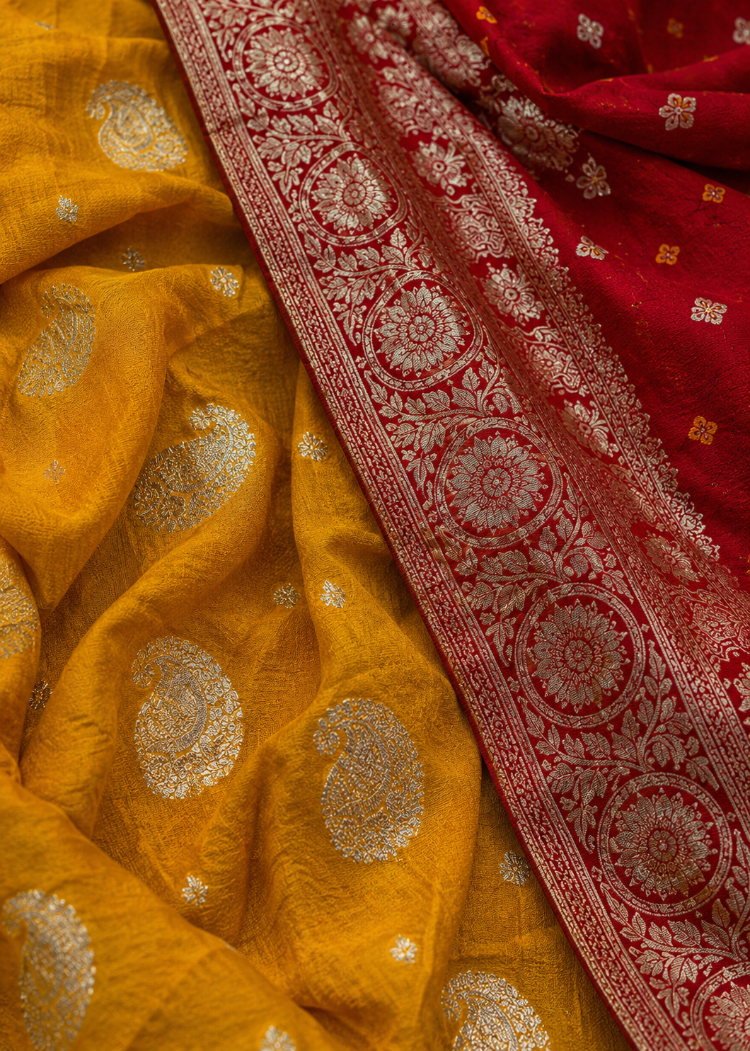 Traditional Red Bandhani Saree with yellow blouse