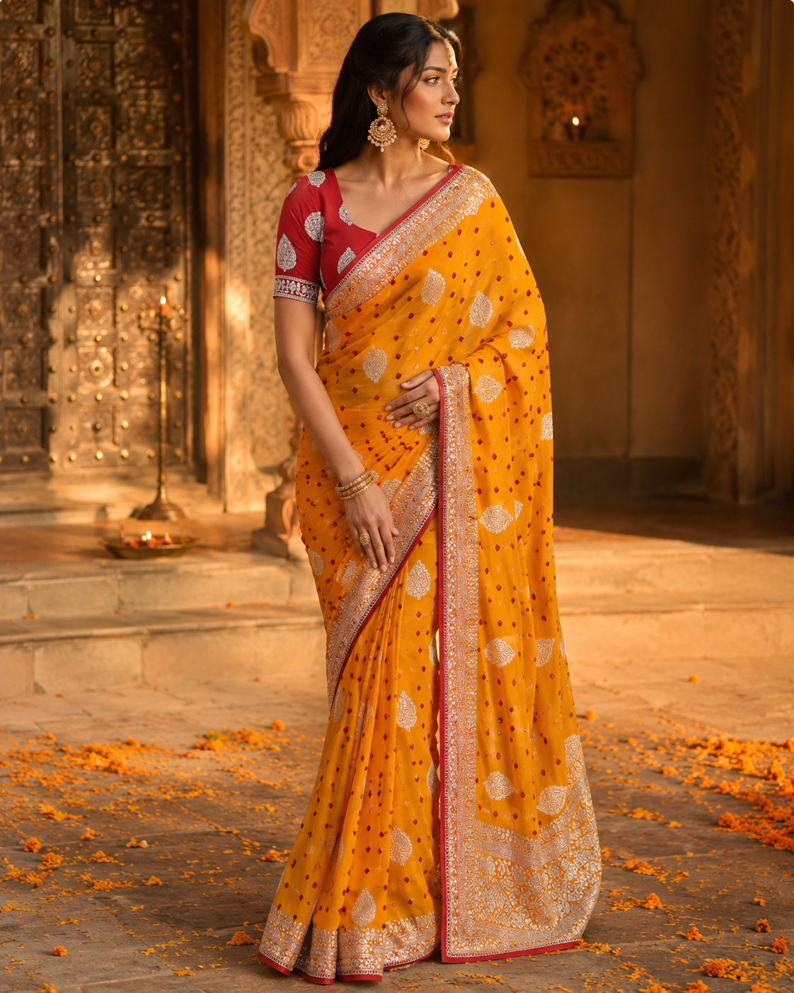 Jaipuri Mustard Bandhani Saree