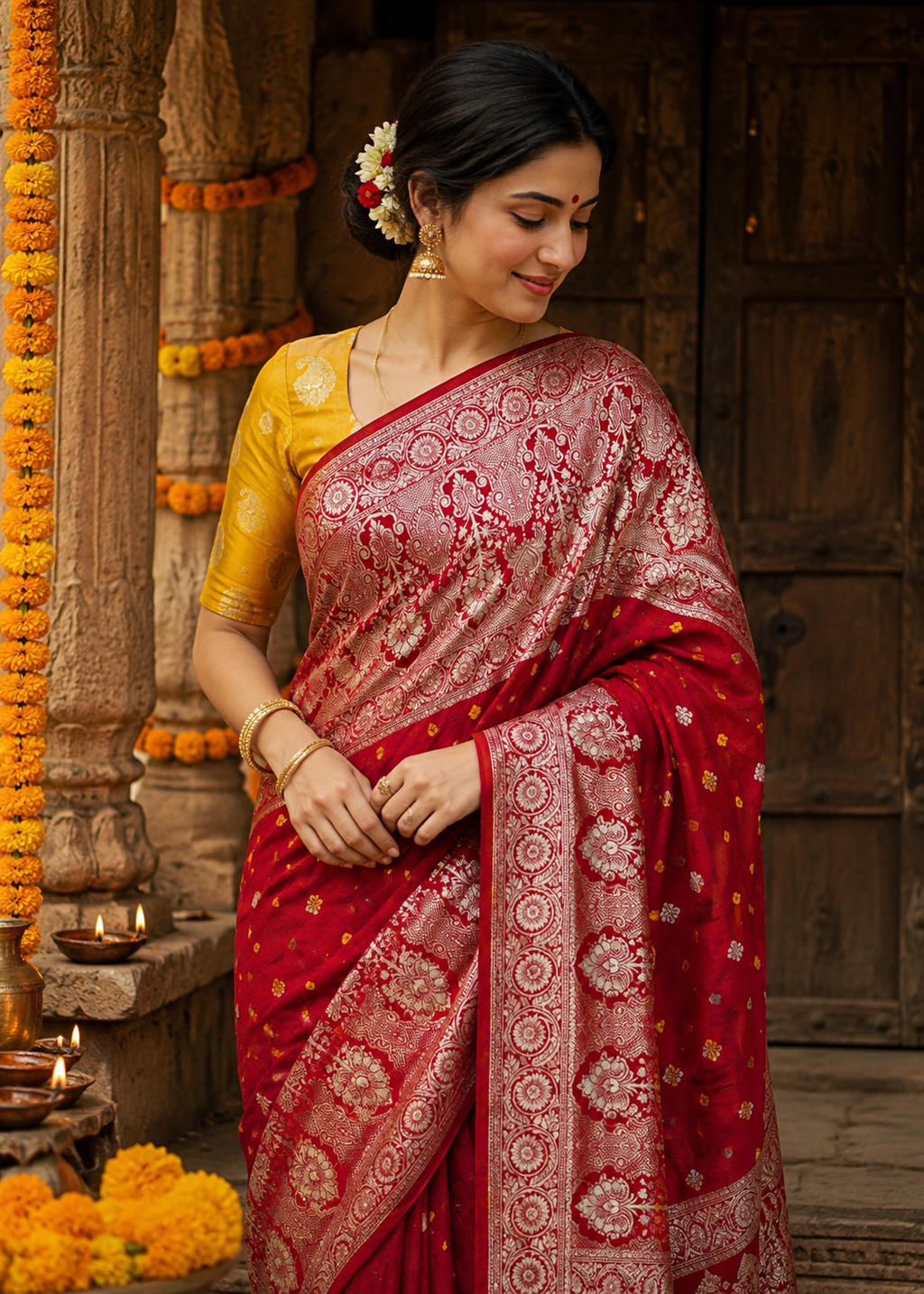 Traditional Red Bandhani Saree with yellow blouse