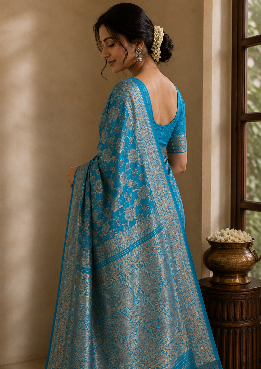 A woman wearing a bright blue saree with intricate silver floral zari patterns and a matching blue blouse, standing in a warm-toned indoor setting next to a window.