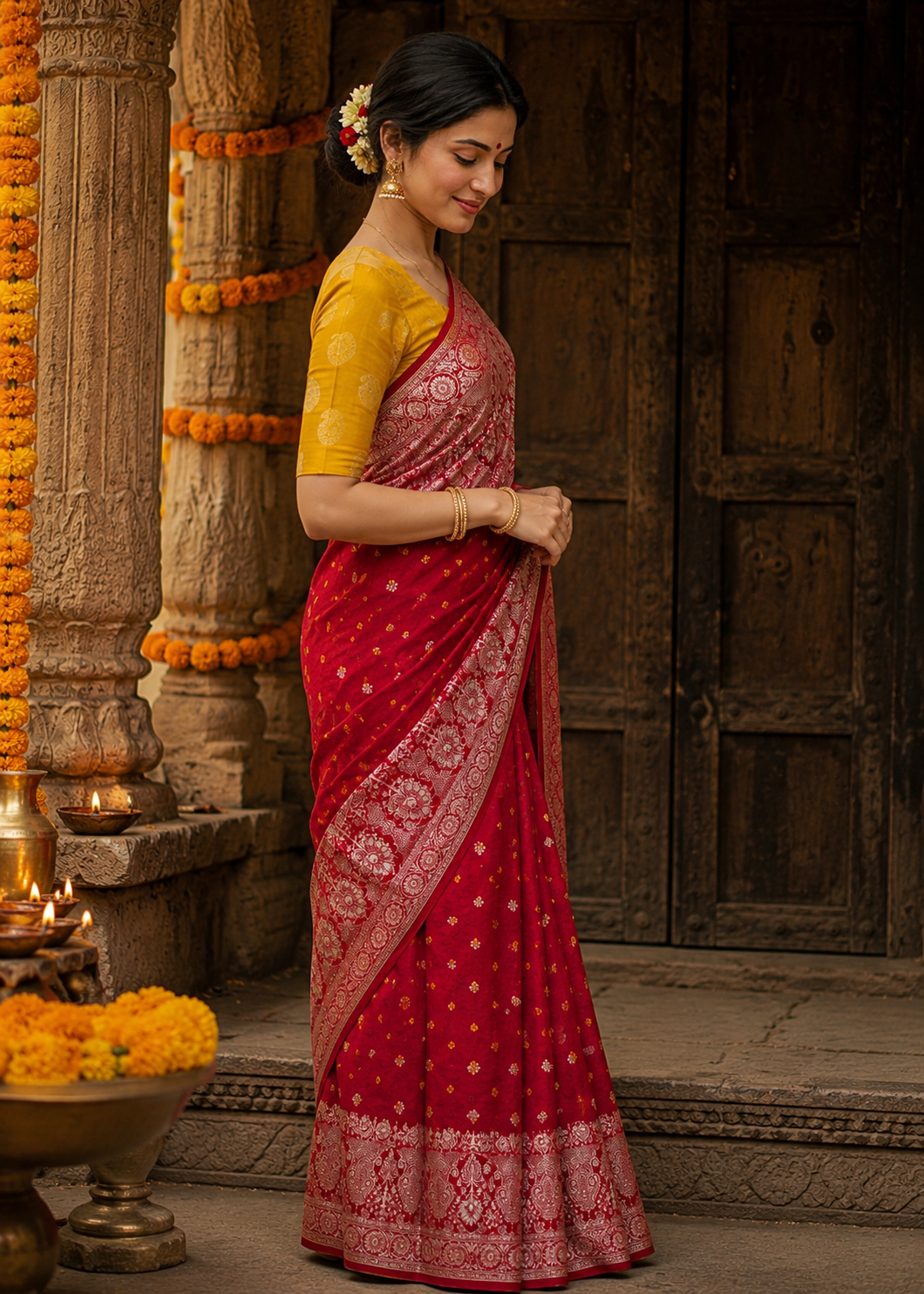 Traditional Red Bandhani Saree with yellow blouse