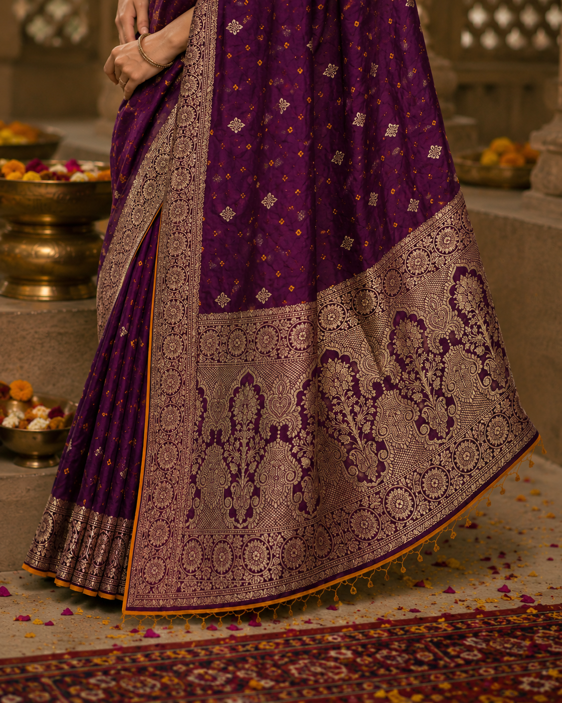 Jamuni Bandhani Saree with contrast yellow blouse