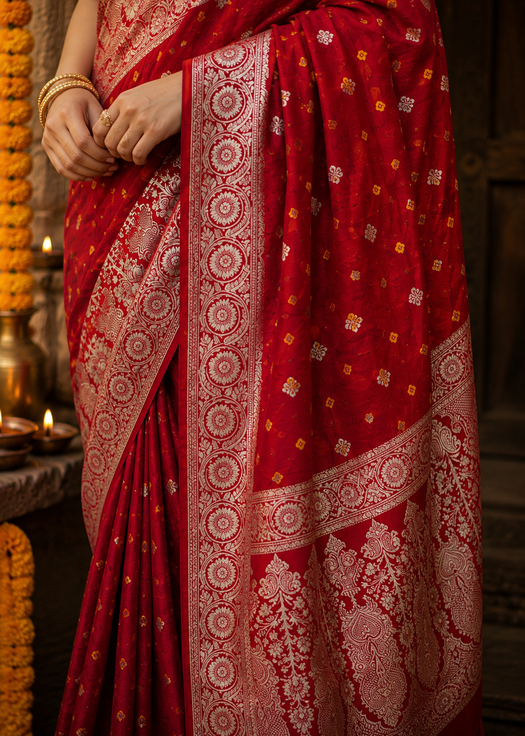 Traditional Red Bandhani Saree with yellow blouse