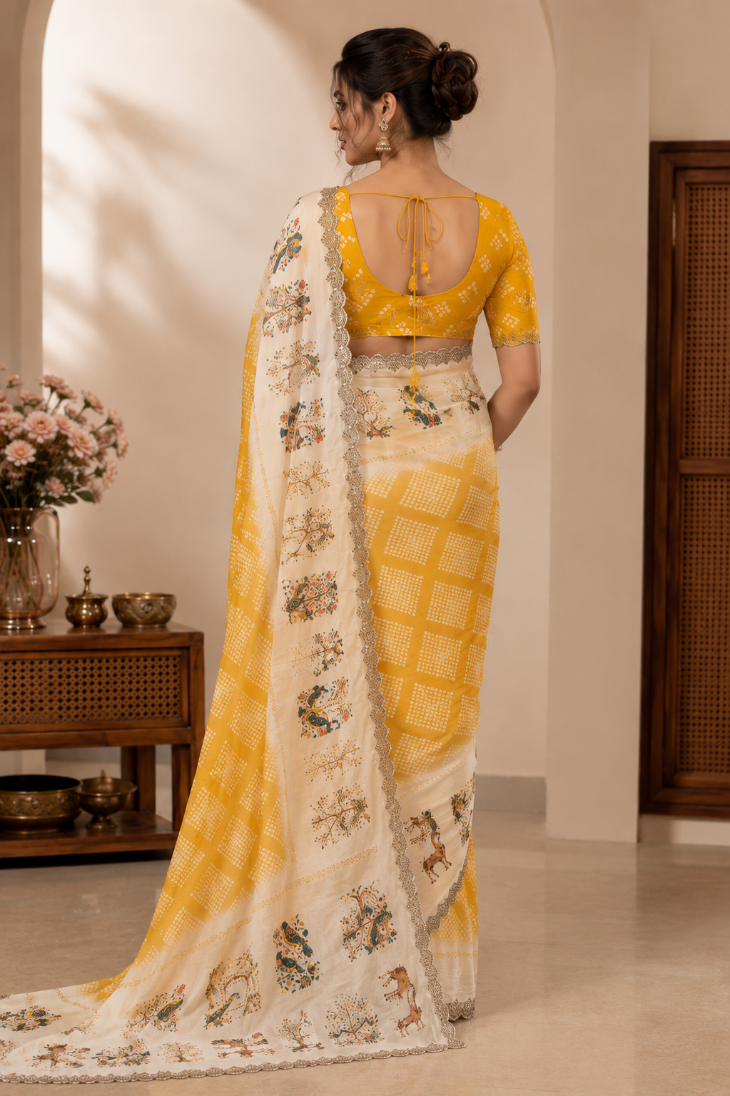 Mustard Bloom Satin Chiffon Printed Saree