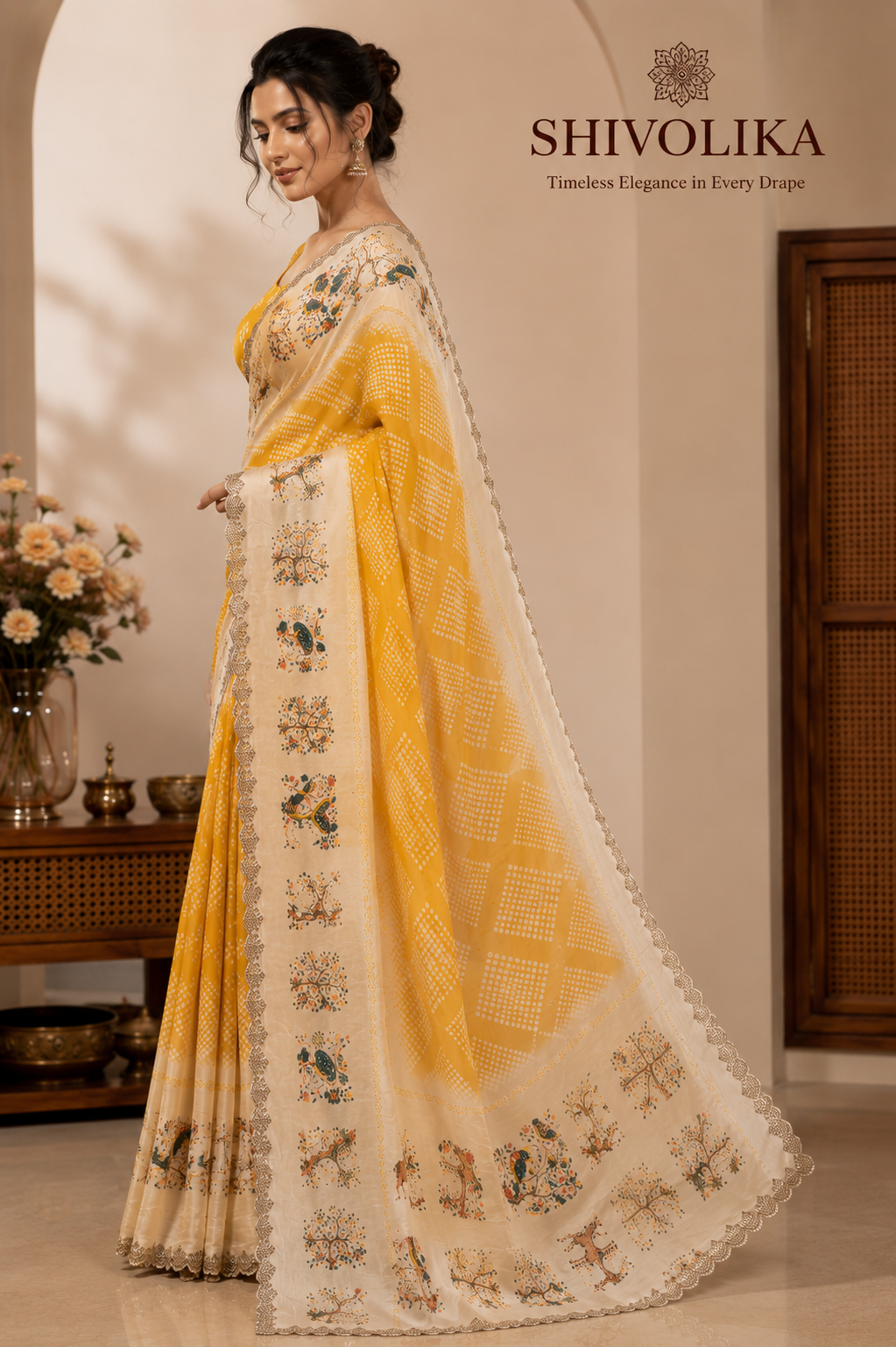 Mustard Bloom Satin Chiffon Printed Saree