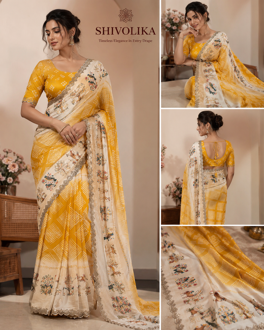 Mustard Bloom Satin Chiffon Printed Saree