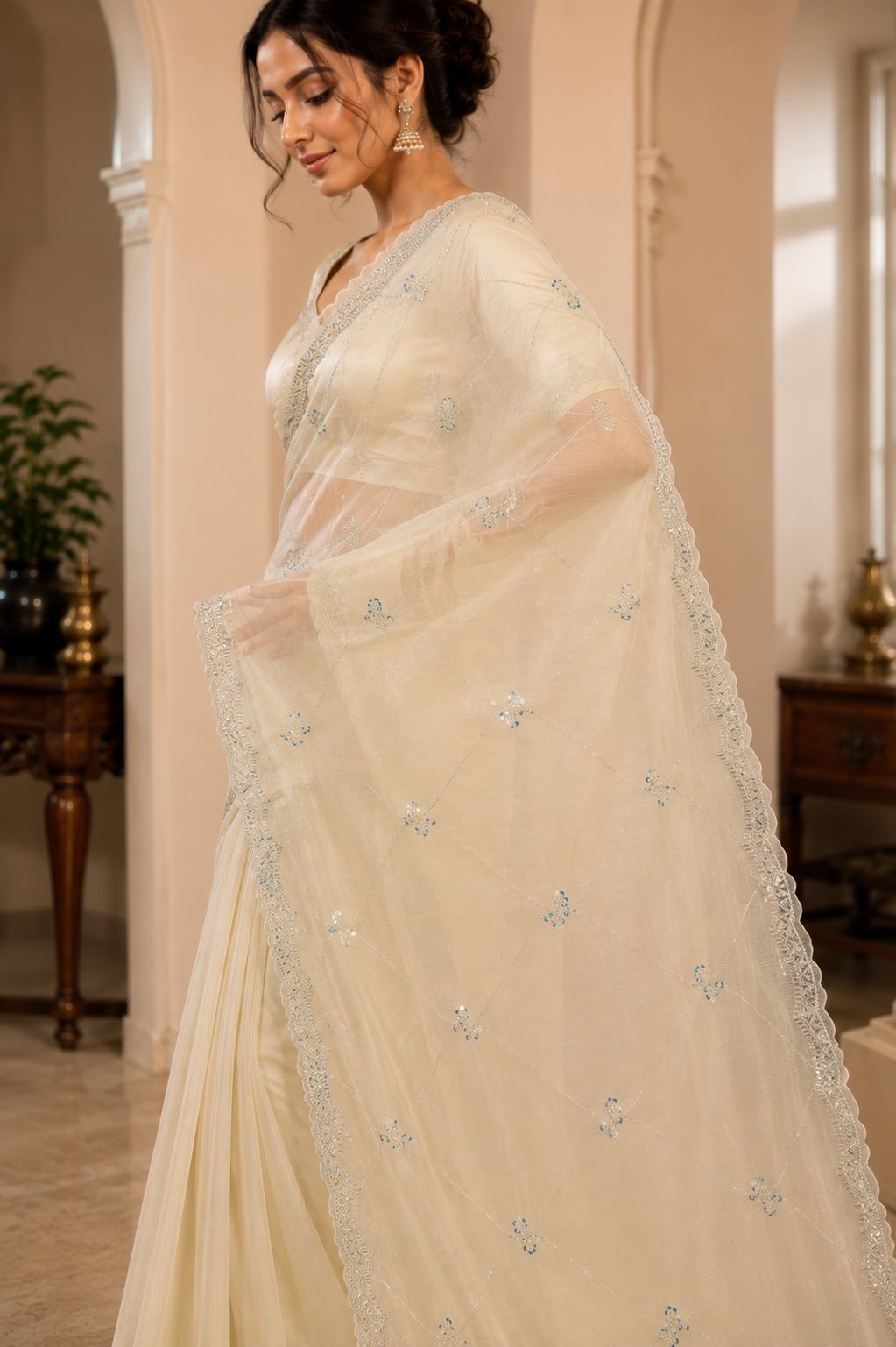 Moonlit Grace Ivory Organza Designer Saree with Sequin Embroidery