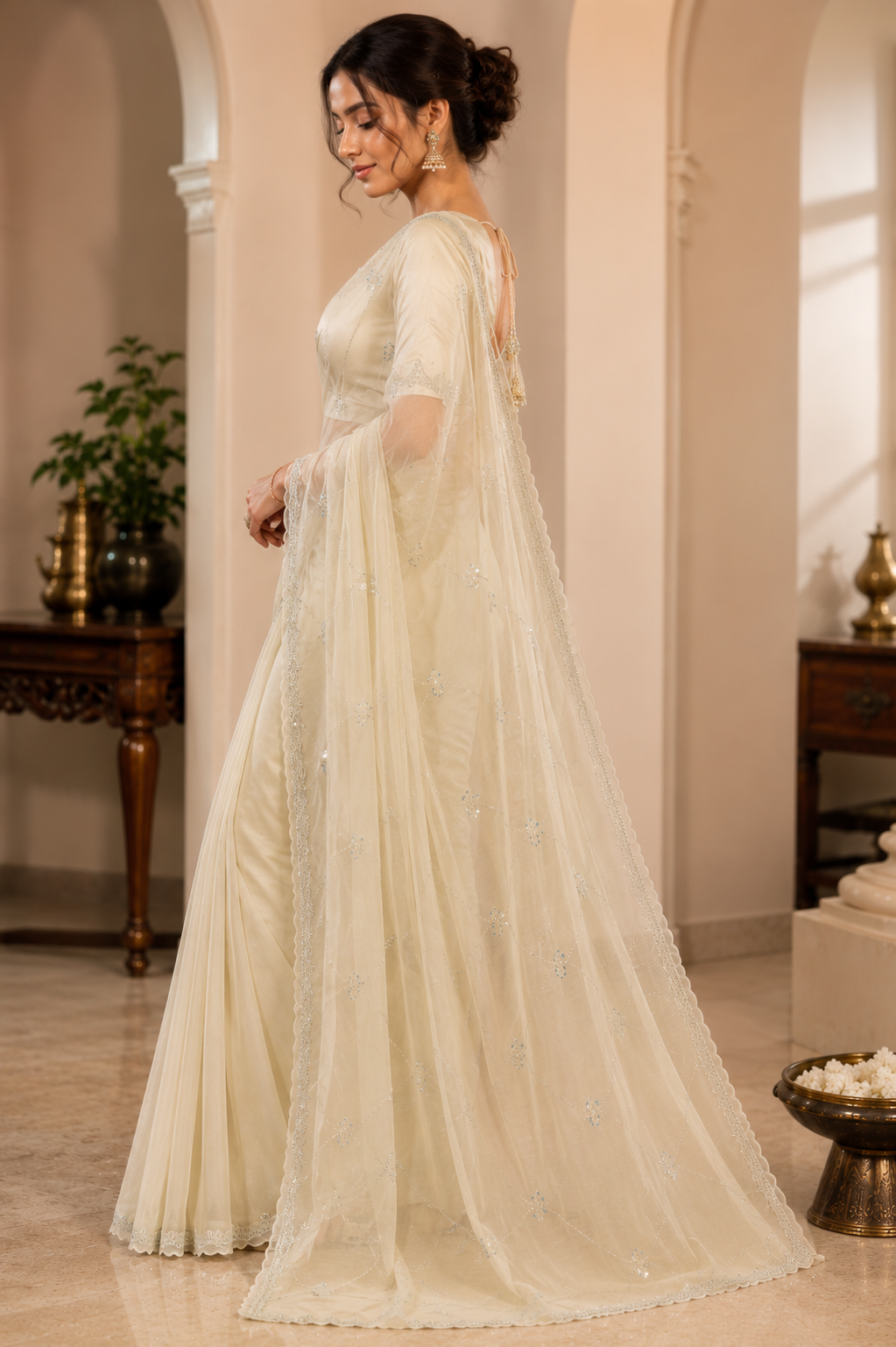 Moonlit Grace Ivory Organza Designer Saree with Sequin Embroidery