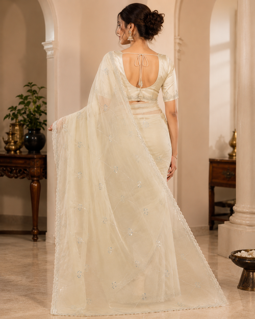 Moonlit Grace Ivory Organza Designer Saree with Sequin Embroidery