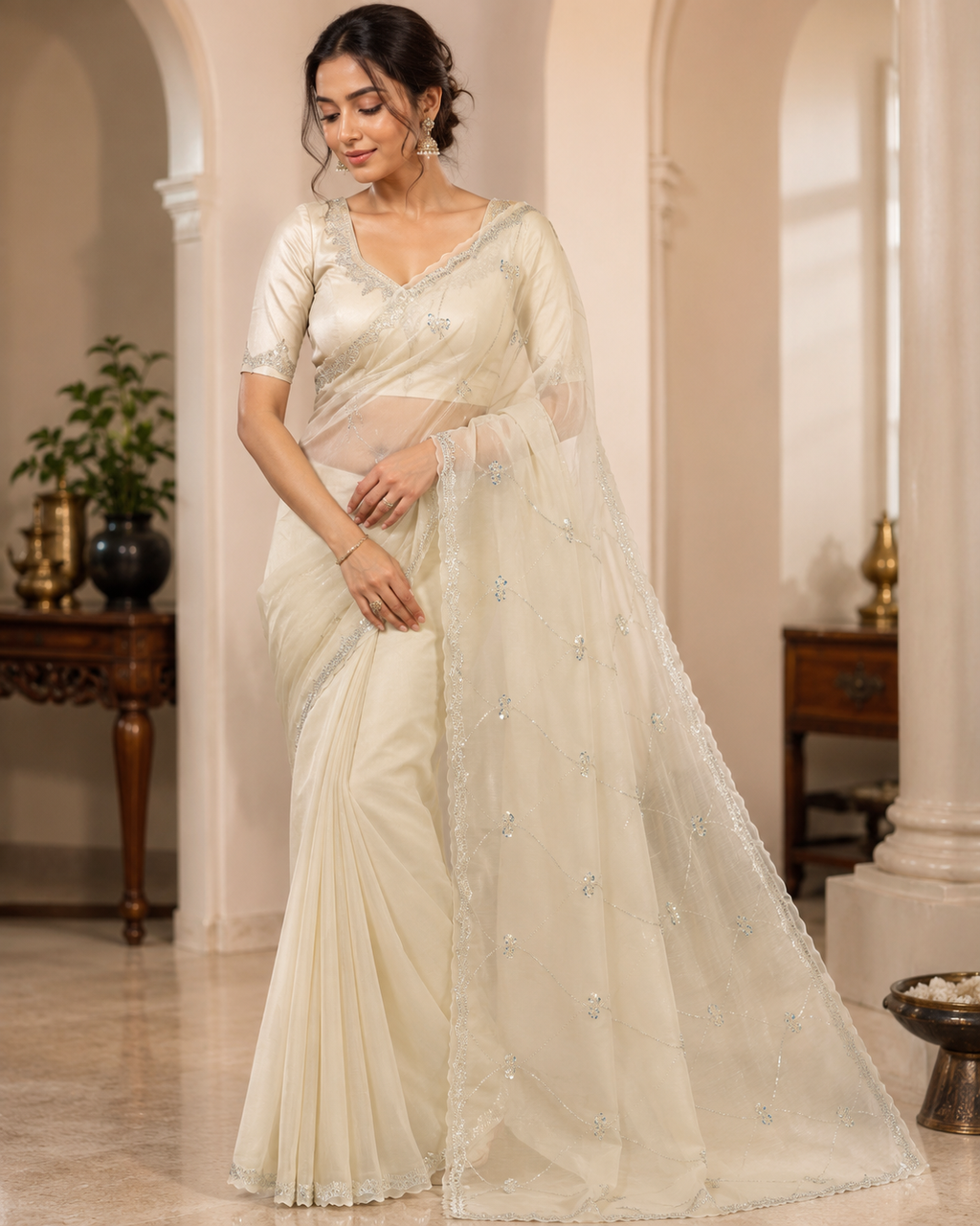 Moonlit Grace Ivory Organza Designer Saree with Sequin Embroidery