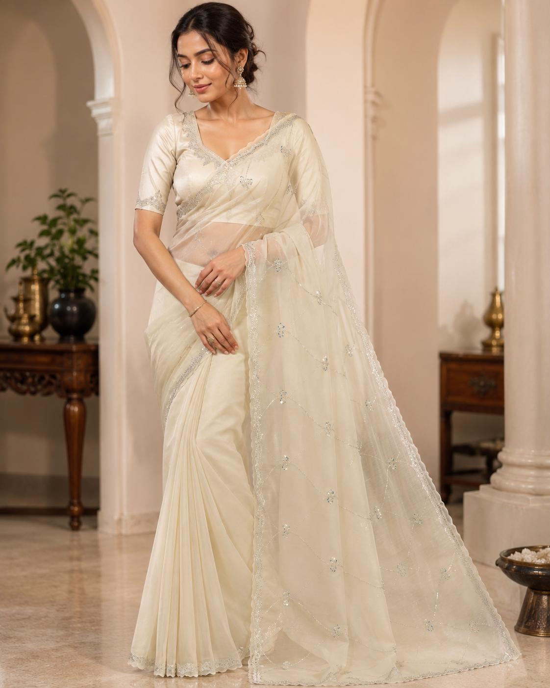 Moonlit Grace Ivory Organza Designer Saree with Sequin Embroidery
