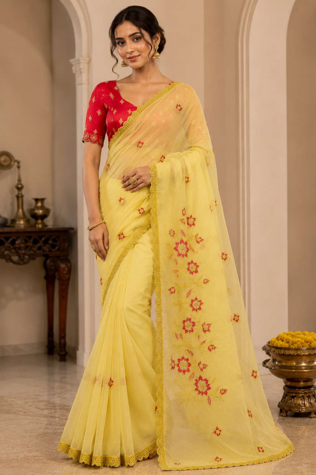 Sunlit Blossom Yellow Chiffon Designer Saree with Floral Embroidery & Red Designer Blouse