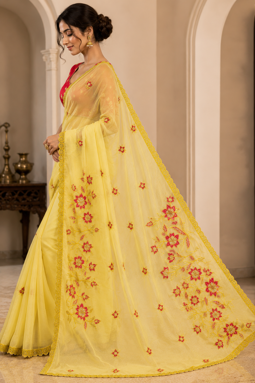Sunlit Blossom Yellow Chiffon Designer Saree with Floral Embroidery & Red Designer Blouse