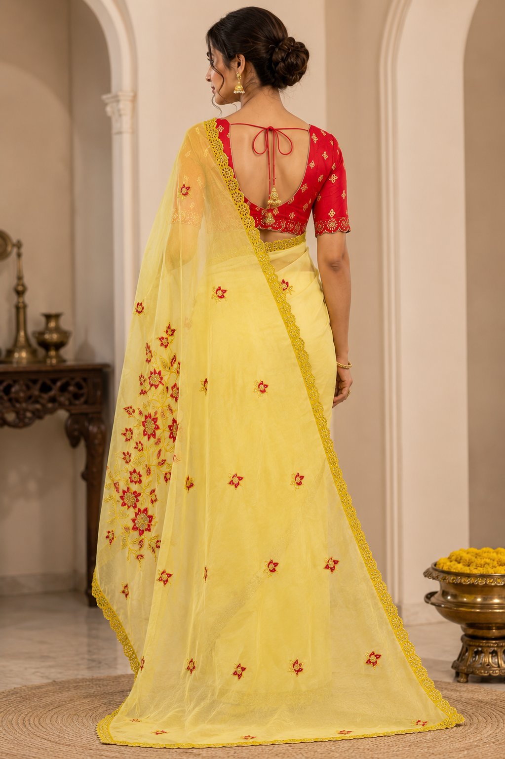 Sunlit Blossom Yellow Chiffon Designer Saree with Floral Embroidery & Red Designer Blouse