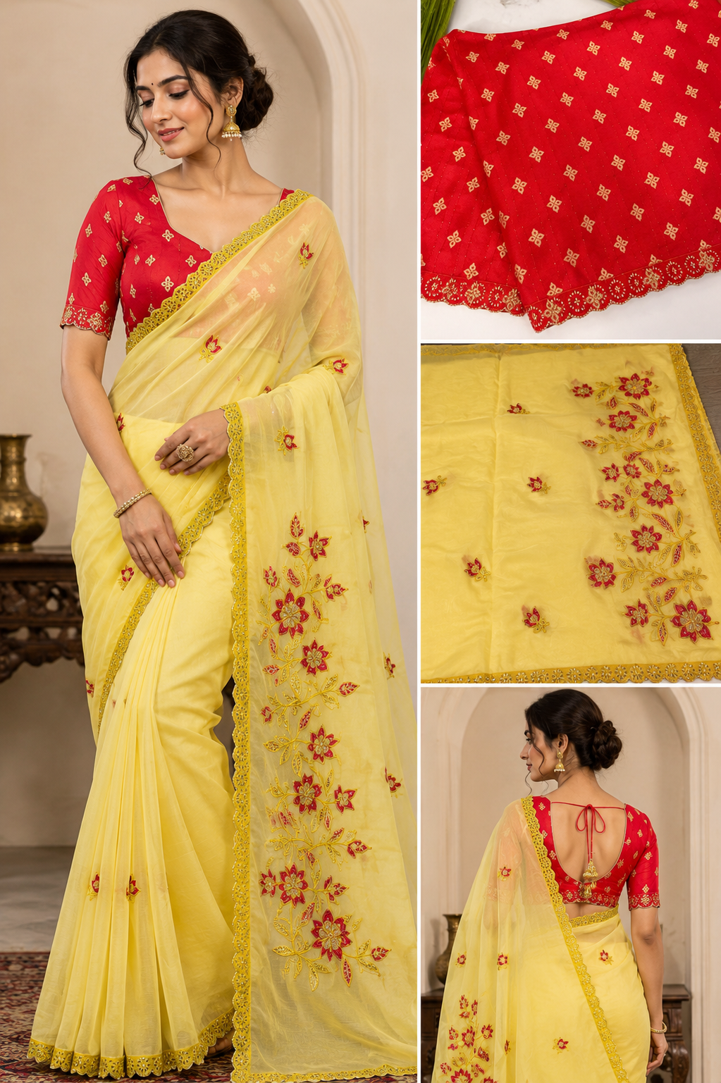 Sunlit Blossom Yellow Chiffon Designer Saree with Floral Embroidery & Red Designer Blouse