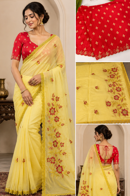 Yellow Chiffon Designer Saree with Floral Embroidery