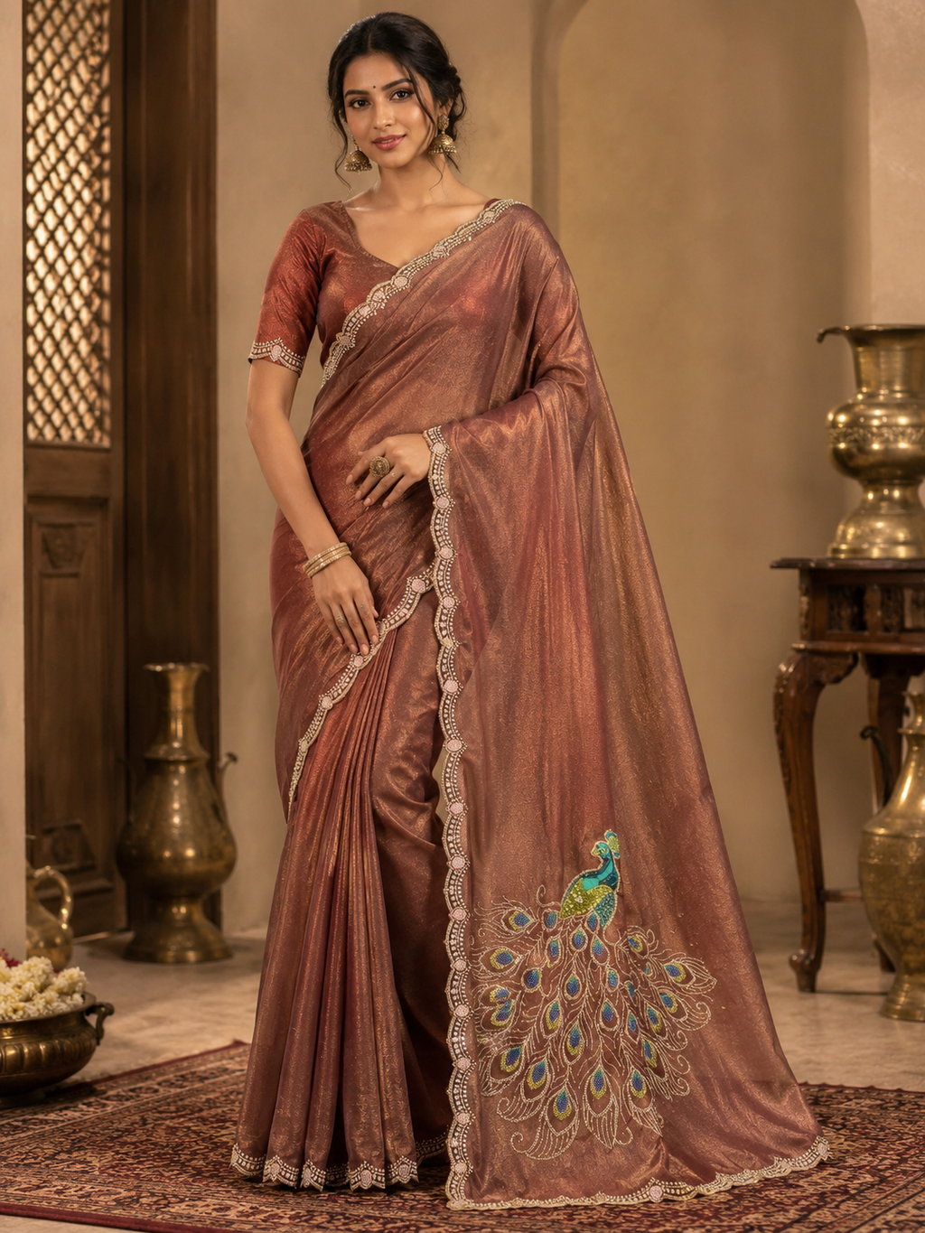 Royal Peacock Brown Satin Chiffon Designer Saree with Embroidered Pallu & Designer Blouse