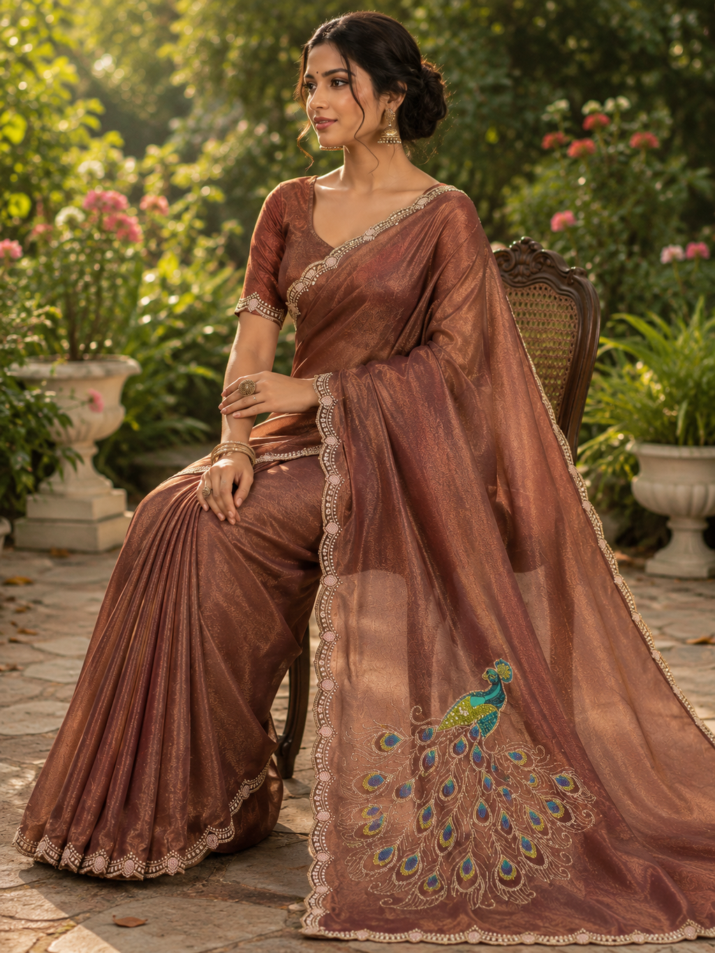 Royal Peacock Brown Satin Chiffon Designer Saree with Embroidered Pallu & Designer Blouse