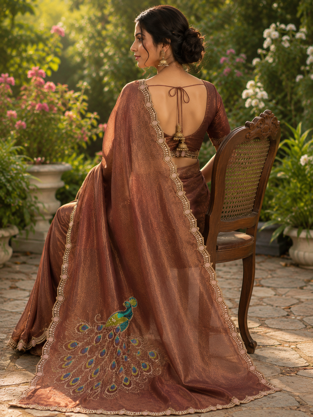 Royal Peacock Brown Satin Chiffon Designer Saree with Embroidered Pallu & Designer Blouse