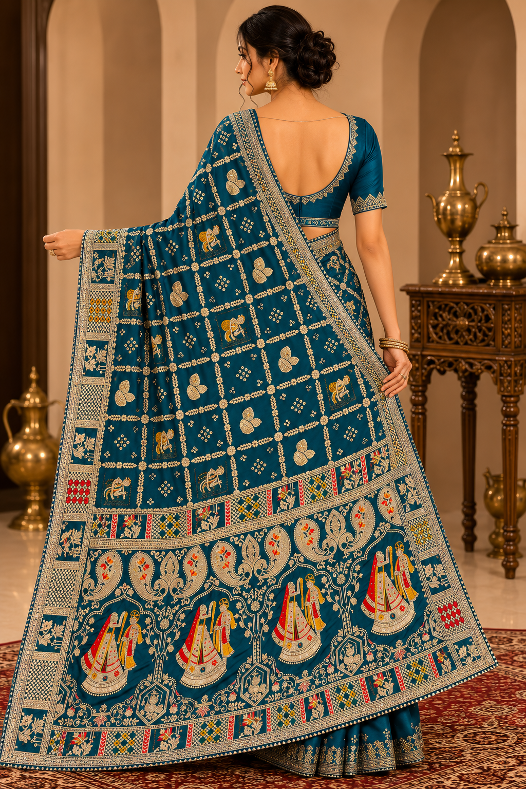 Royal Heritage Teal Printed Designer Saree with Traditional Motif Pallu