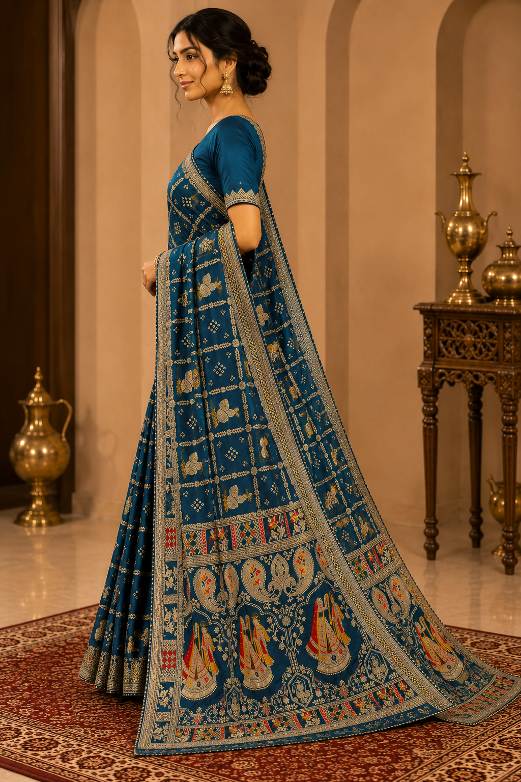 Royal Heritage Teal Printed Designer Saree with Traditional Motif Pallu