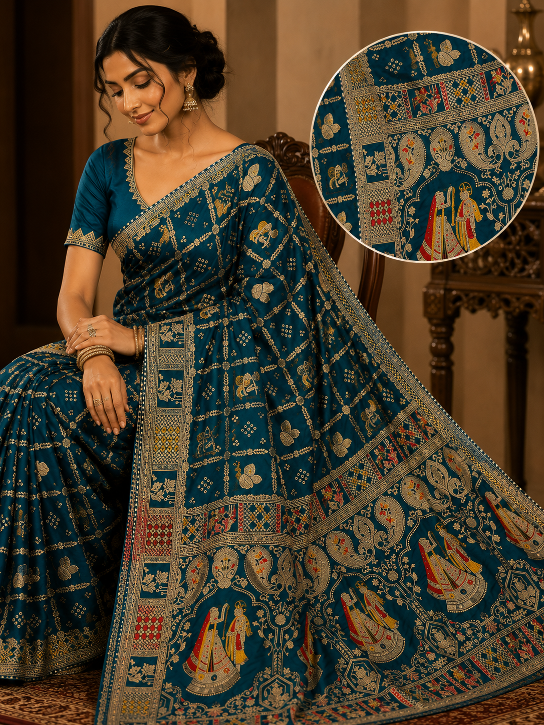 Royal Heritage Teal Printed Designer Saree with Traditional Motif Pallu