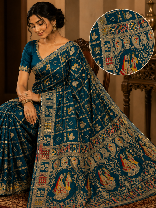 Royal Heritage Teal Printed Designer Saree with Traditional Motif Pallu