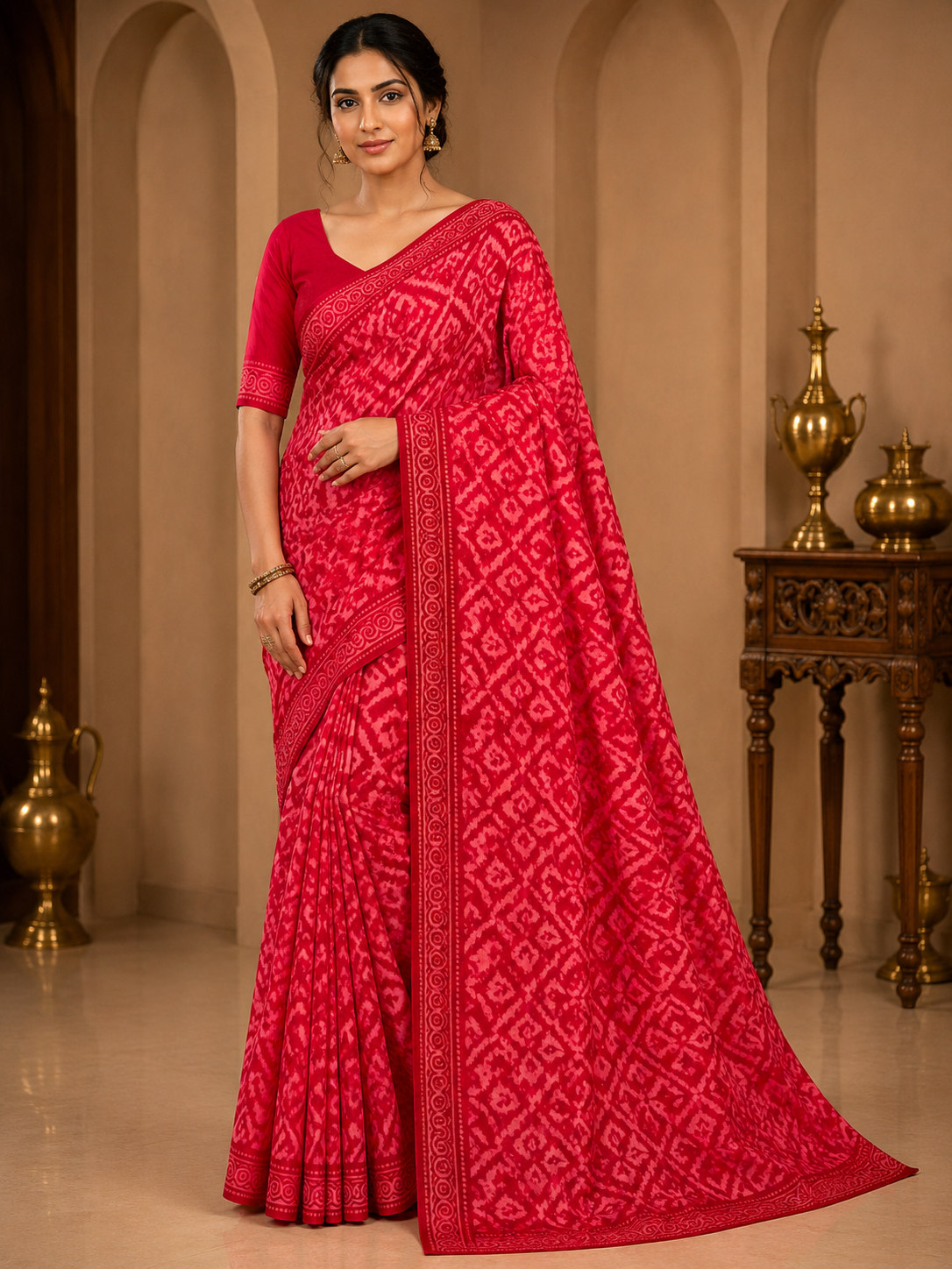 Shivolika Crimson Charm Printed Chiffon Saree with Matching Blouse | Red Printed Chiffon Saree for Women