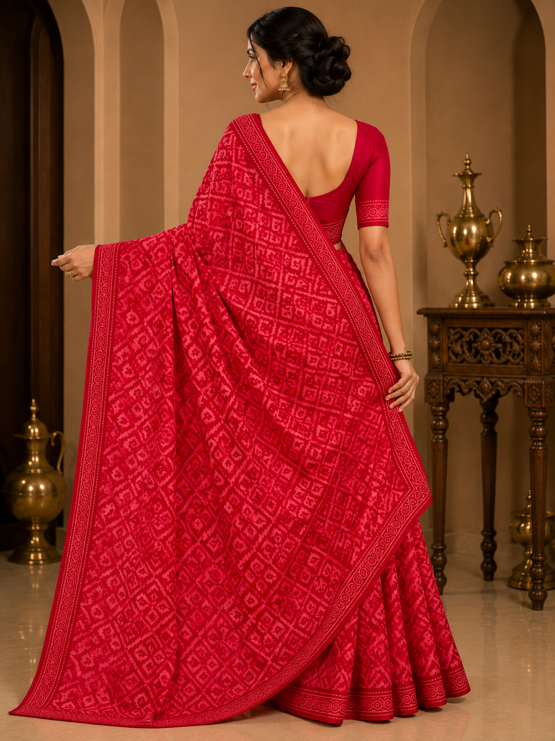 Shivolika Crimson Charm Printed Chiffon Saree with Matching Blouse | Red Printed Chiffon Saree for Women