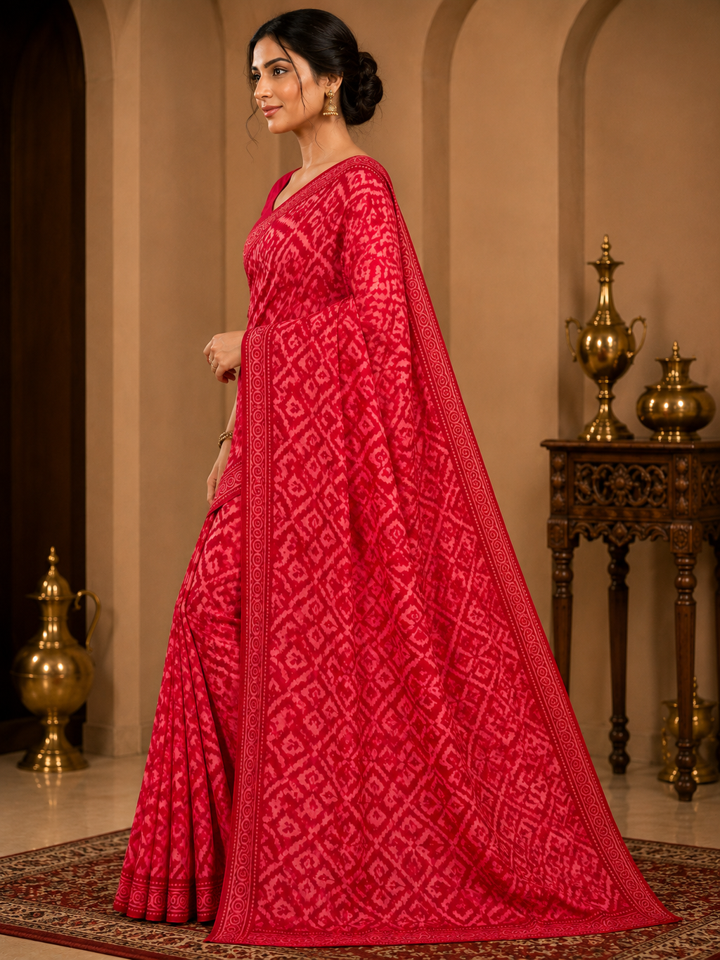 Shivolika Crimson Charm Printed Chiffon Saree with Matching Blouse | Red Printed Chiffon Saree for Women