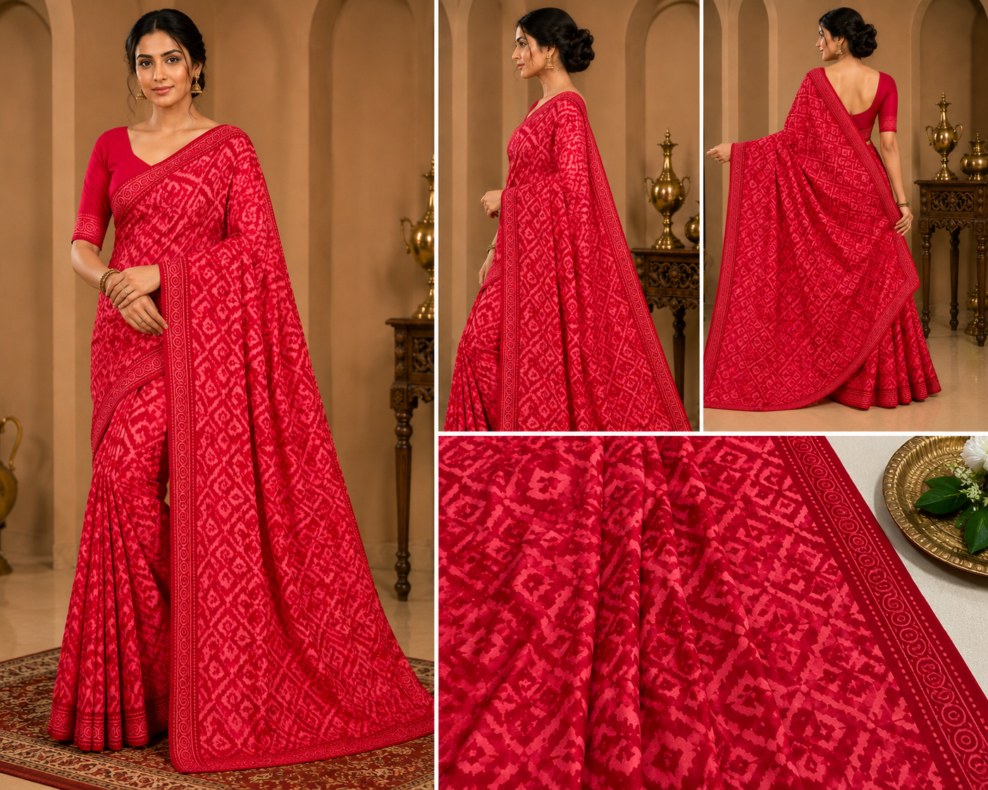 Shivolika Crimson Charm Printed Chiffon Saree with Matching Blouse | Red Printed Chiffon Saree for Women