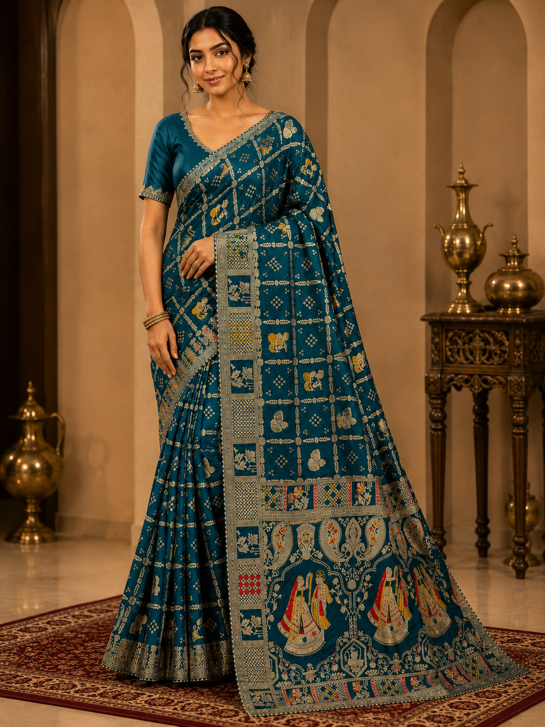Royal Heritage Teal Printed Designer Saree with Traditional Motif Pallu