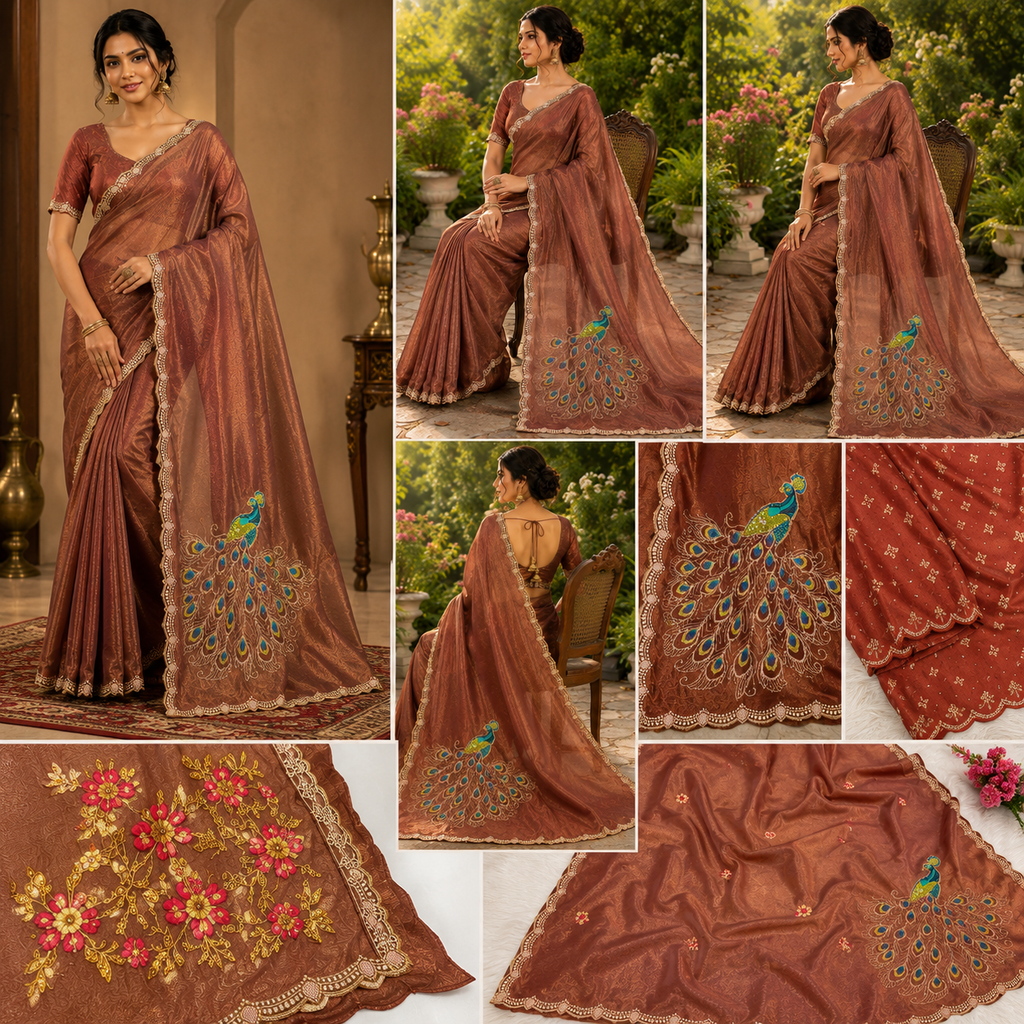 Royal Peacock Brown Satin Chiffon Designer Saree with Embroidered Pallu & Designer Blouse