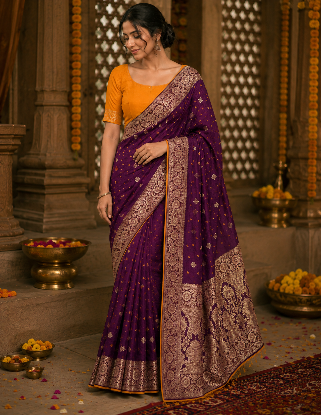 Jamuni Bandhani Saree with contrast yellow blouse