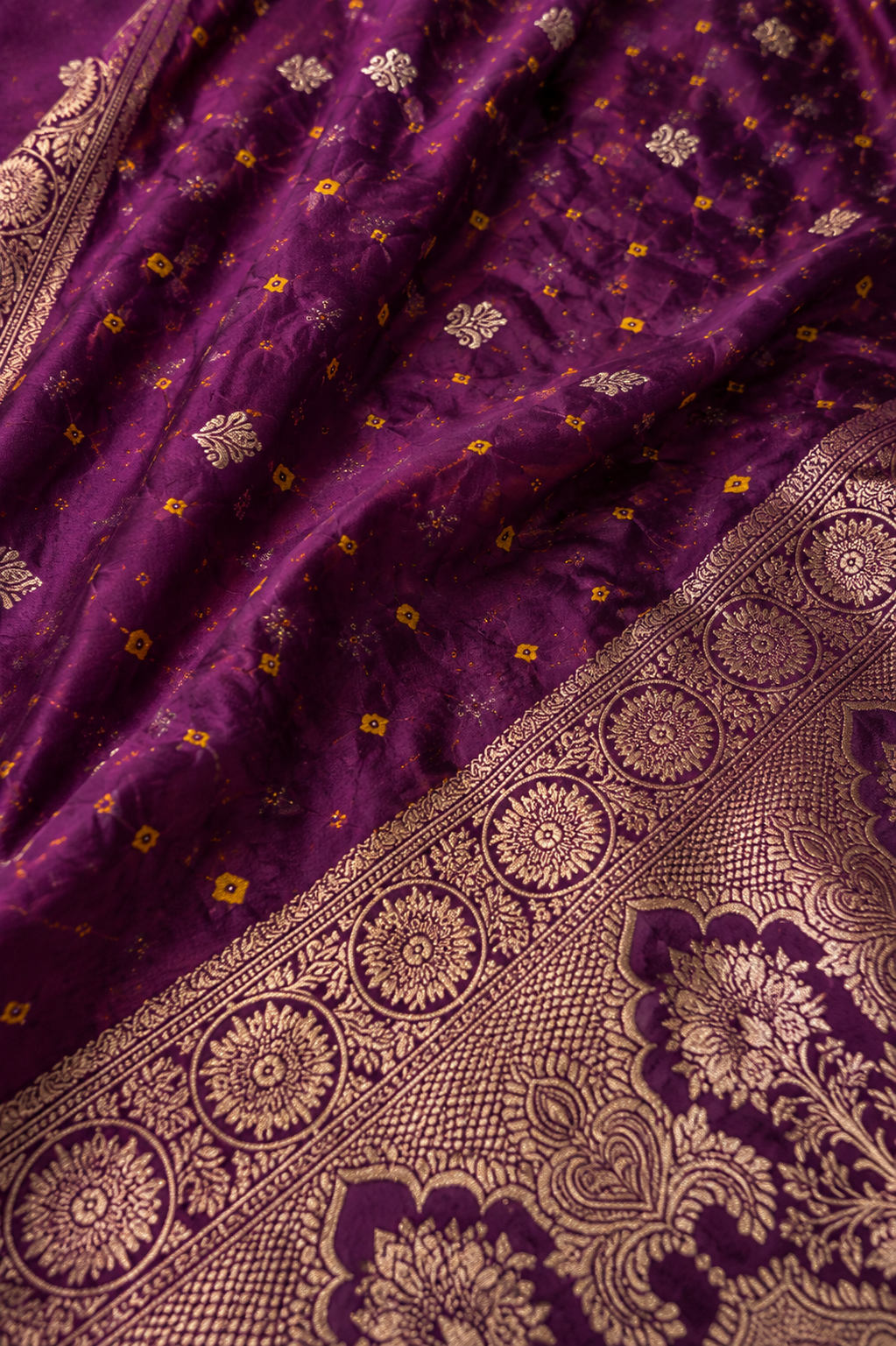 Jamuni Bandhani Saree with contrast yellow blouse