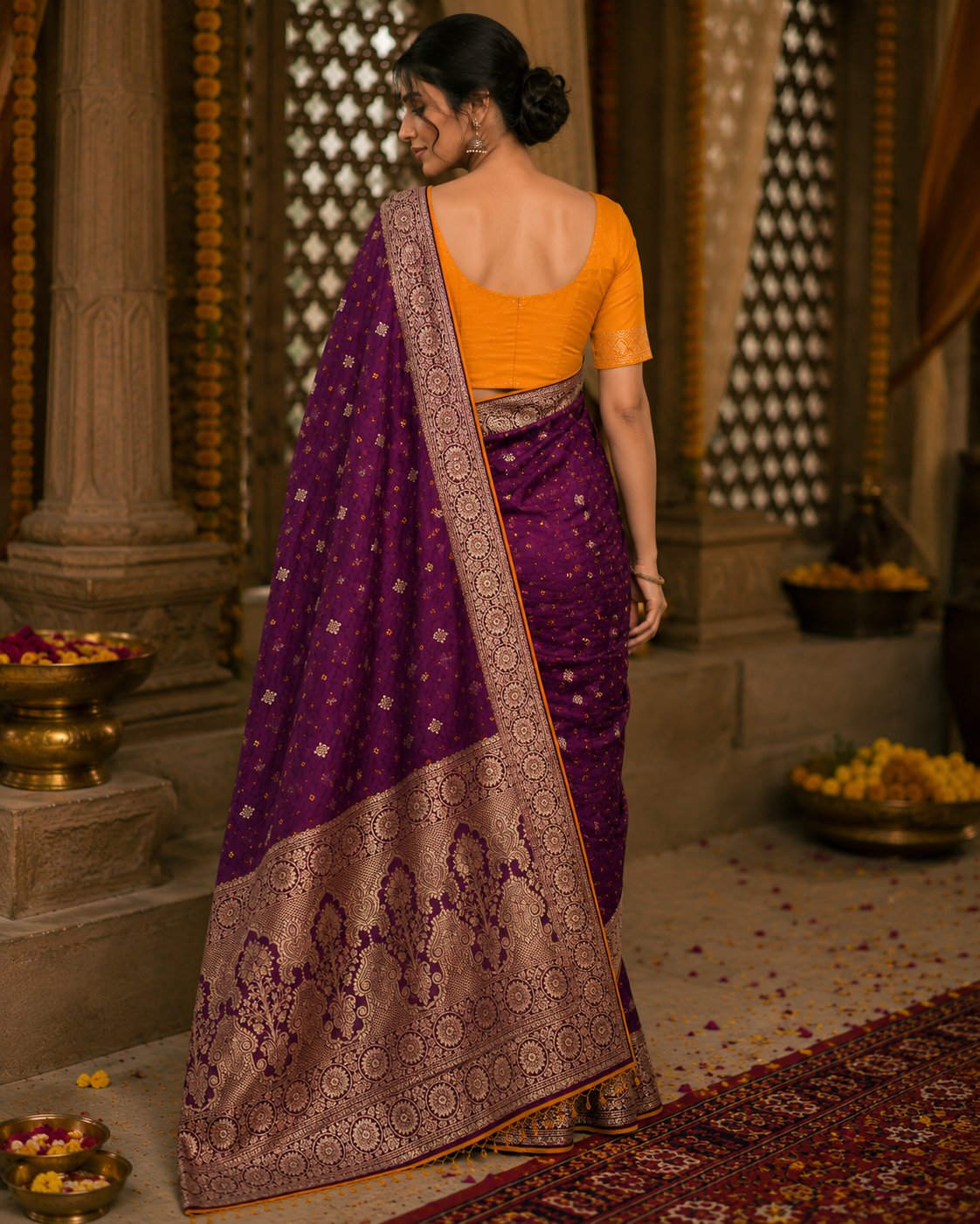Jamuni Bandhani Saree with contrast yellow blouse
