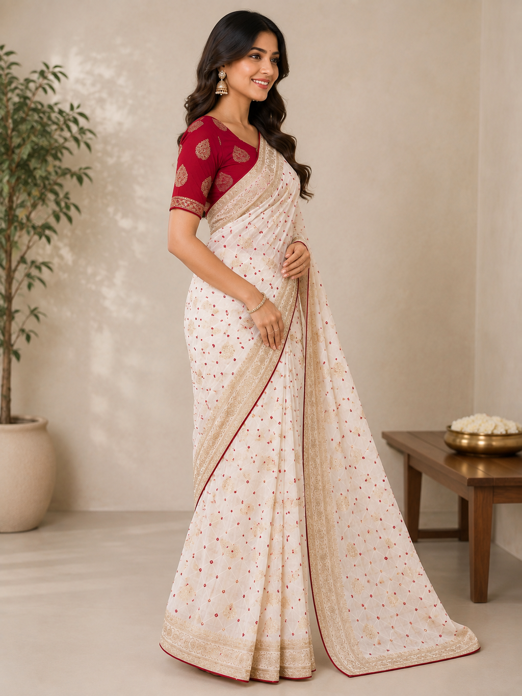OFF White Jaipur bandhani with Red Blouse