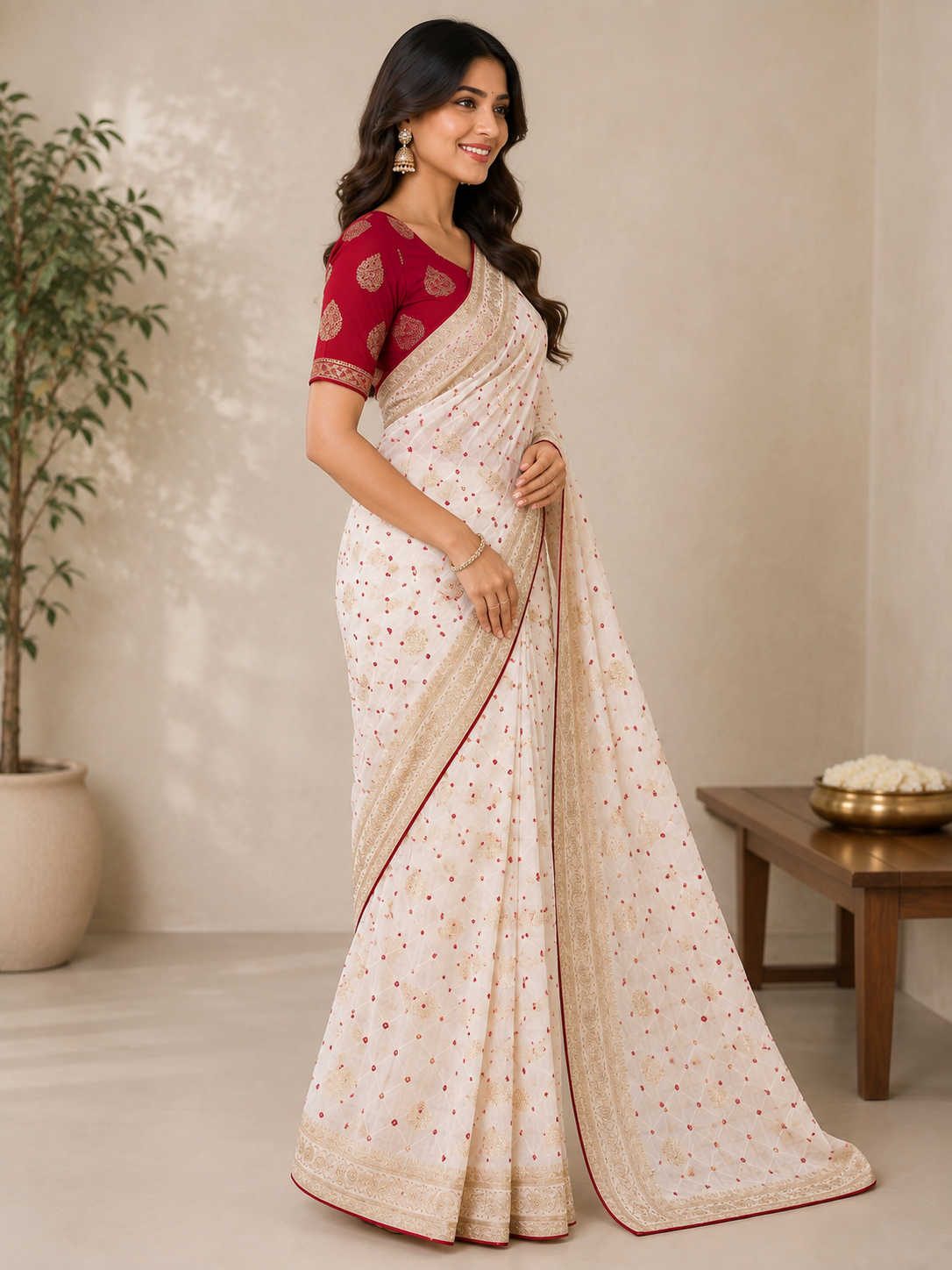 OFF White Jaipur bandhani with Red Blouse