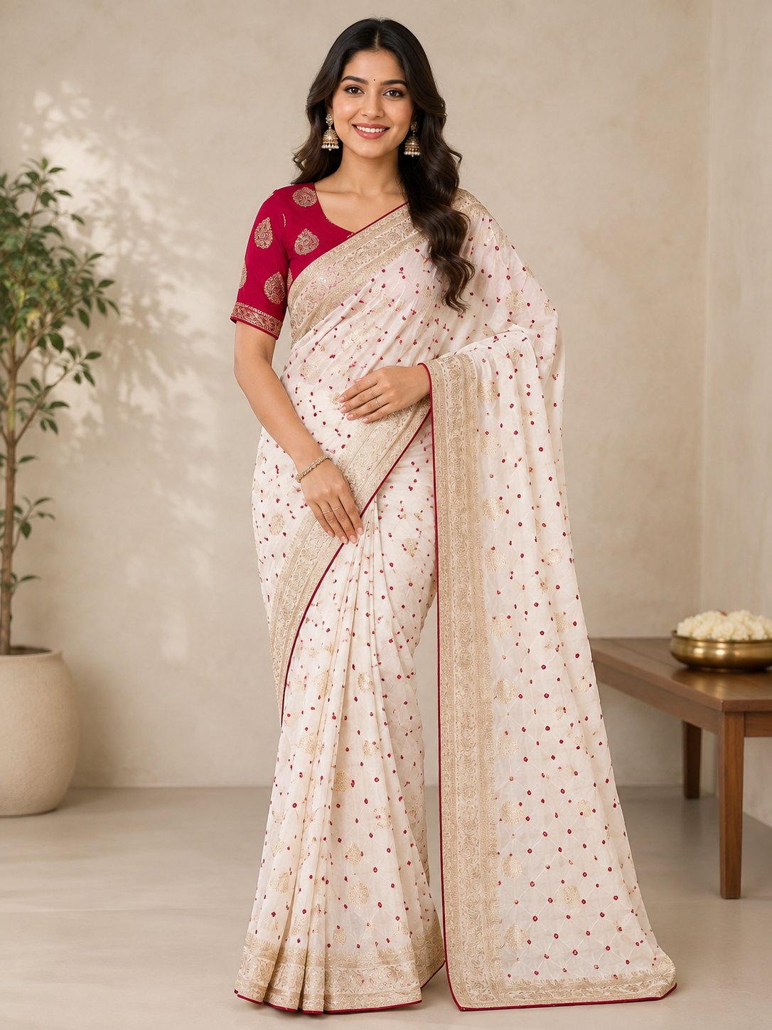OFF White Jaipur bandhani with Red Blouse
